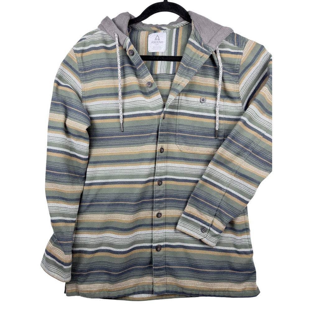 Ascend Mens Striped Hooded Flannel Shirt Green Brown Long Sleeve Small